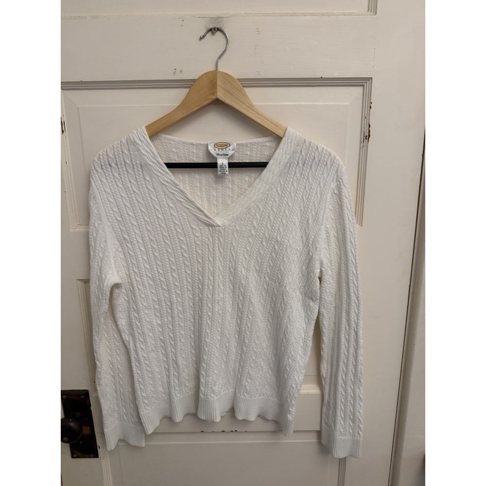 Talbots Vintage Women's White V-neck Cable Knit Sweater Pima Cotton Large Petite